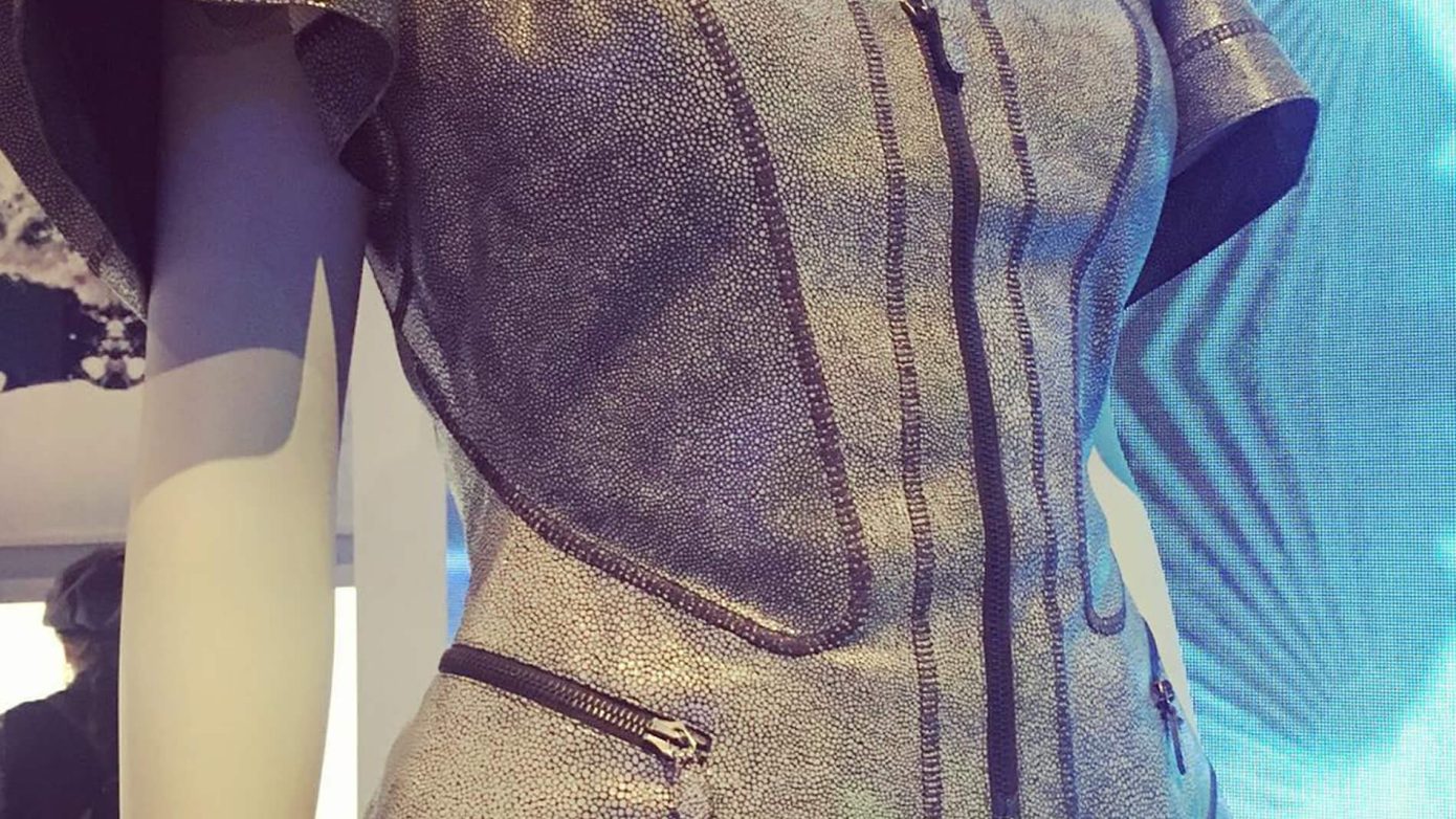 From McQueen’s Plato’s Atlantis collection, this stingray leather jacket (check out the stitching) was inspired by scuba diving wetsuit | Irene’s Dry Cleaning