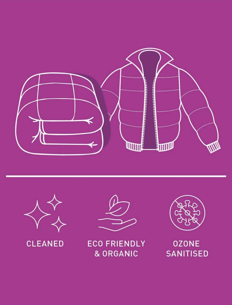 Dry clean and store your quilts & puffer jackets until next winter. Try our natural bacteria & virus destroying, sanitising & deodorising service with ozone | Irene’s Dry Cleaning